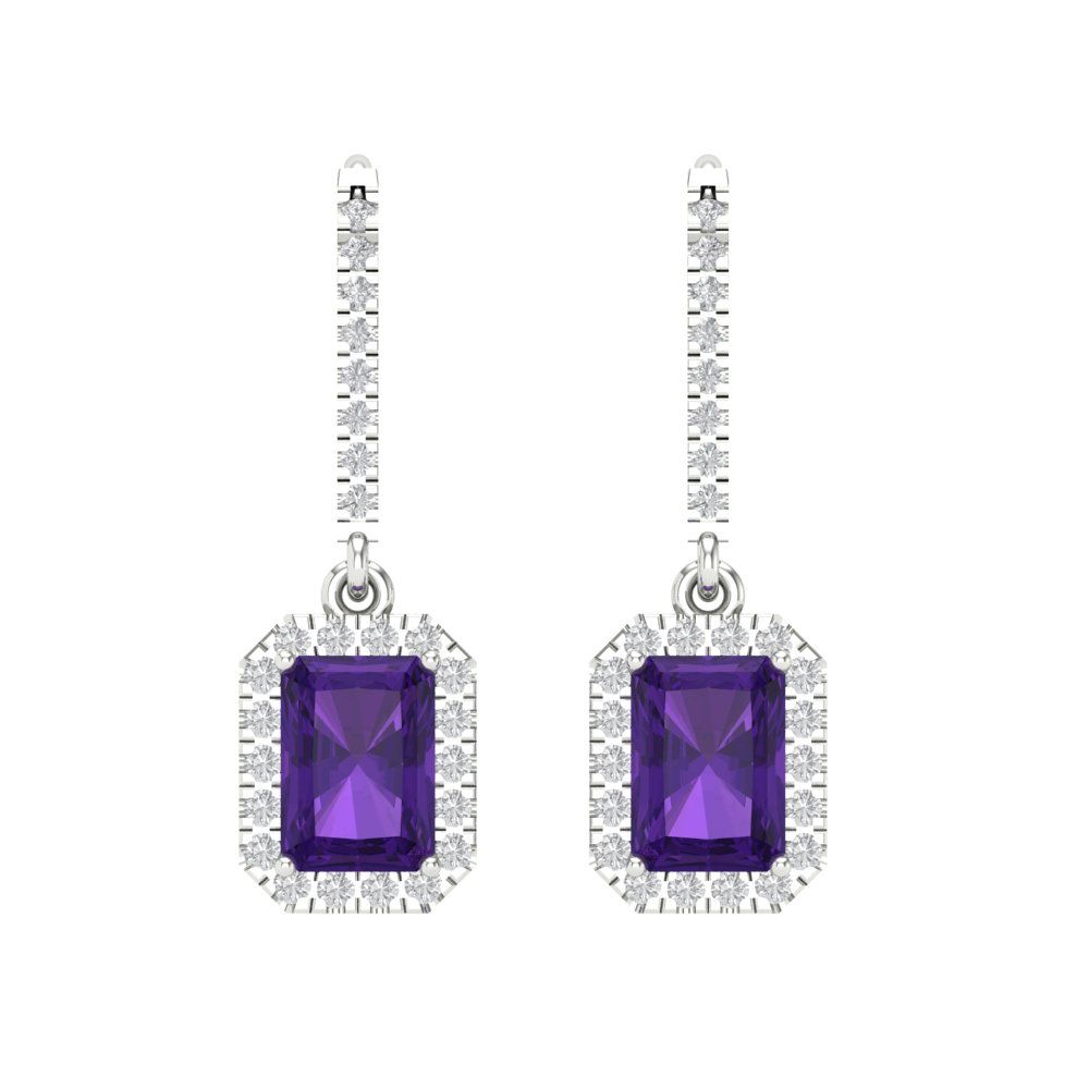 Pre-owned Pucci 3.57ct Emerald Round Halo Classic Drop Dangle Amethyst Earrings 14k White Gold In Purple