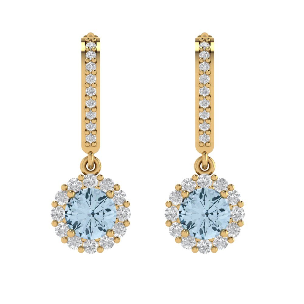 Pre-owned Pucci 3.55 Round Cut Halo Classic Drop Dangle Real Aquamarine Earrings 14k Yellow Gold