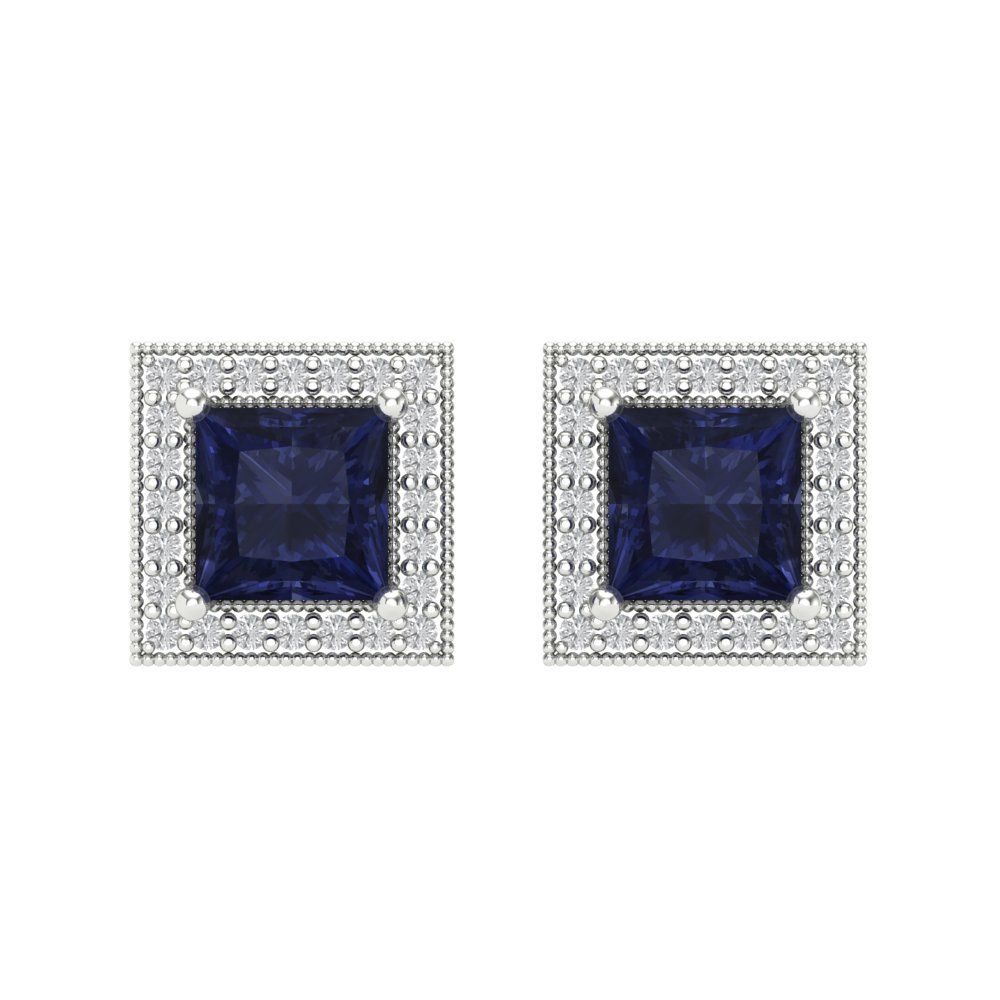 Pre-owned Pucci 2.3 Princess Round Halo Stud Simulated Blue Sapphire Earrings 14k White Gold