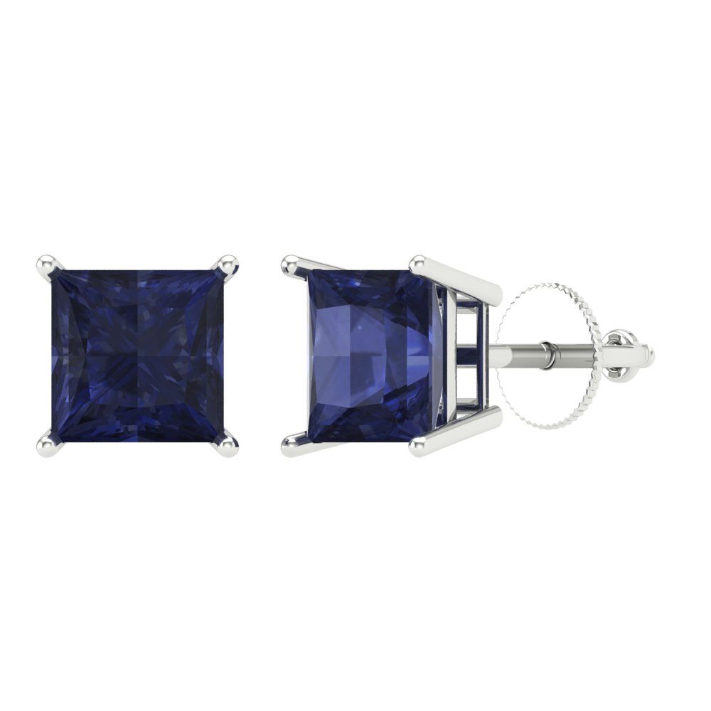 8MM Gold & Diamonds Jewellery 3.90 CT Princess Cut Blue Sapphire Solitaire Stud Earrings 14K White Gold Over .925 Sterling Silver