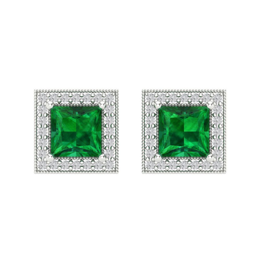Pre-owned Pucci 2.3 Princess Round Halo Classic Stud Simulated Emerald Earrings 14k White Gold In Green