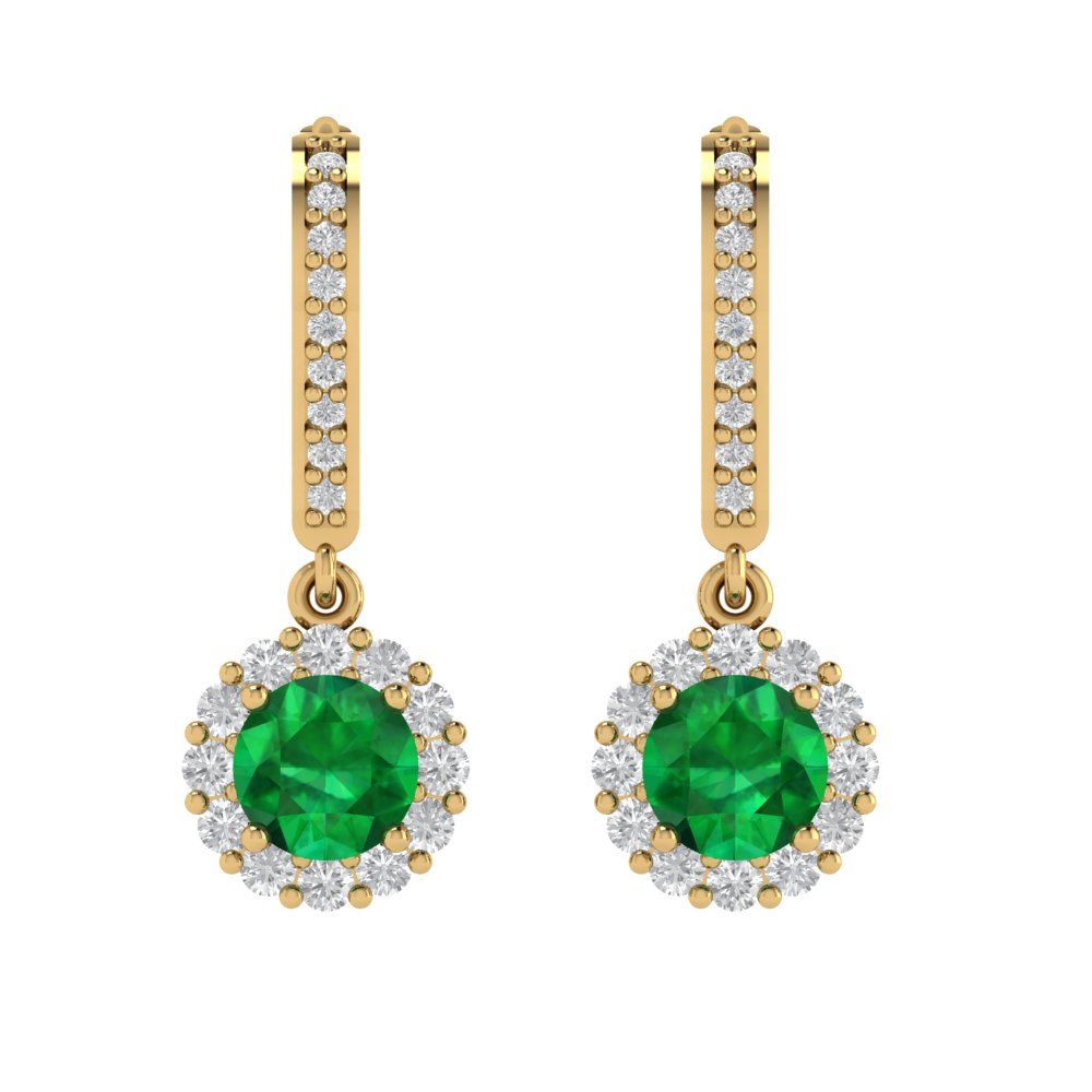 Pre-owned Pucci 2.2 Ct Round Halo Classic Drop Dangle Simulated Emerald Earrings 14k Yellow Gold In Green