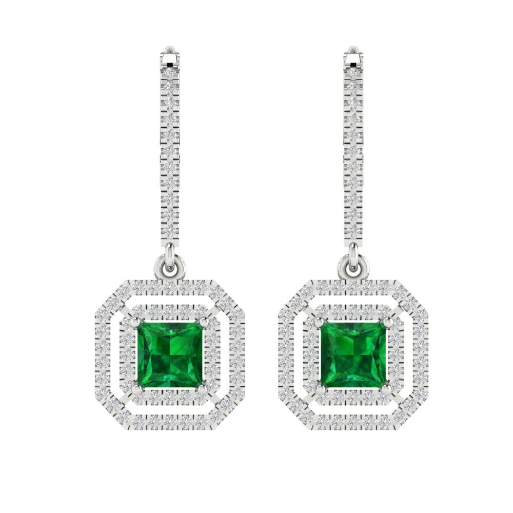 Pre-owned Pucci 3.27 Princess Round Drop Dangle Simulated Emerald Earrings Solid 14k White Gold In Green
