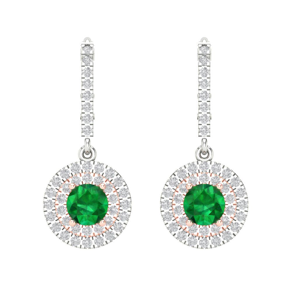 Pre-owned Pucci 2.52 Round Halo Classic Drop Dangle Simulated Emerald Earrings 14k 2 Tone Gold In Green