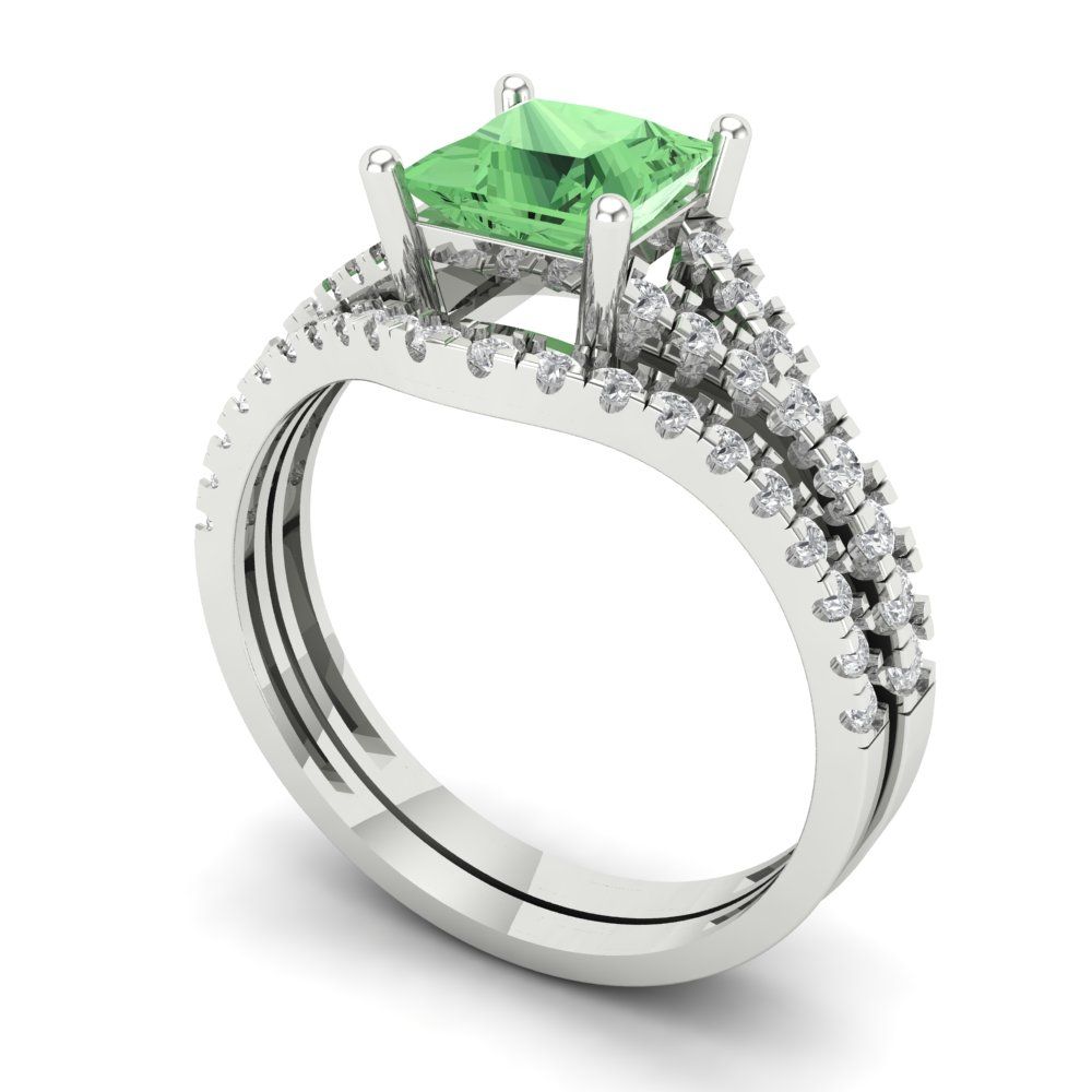 Pre-owned Pucci 2.01ct Princess Mint Green Wedding Statement Ring Set Curved Real 14k White Gold