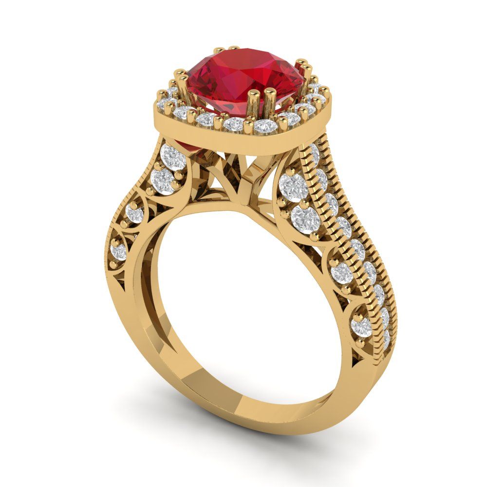 Pre-owned Pucci 1.95 Round Halo Simulated Ruby Classic Bridal Statement Ring 14k Yellow Gold In Red