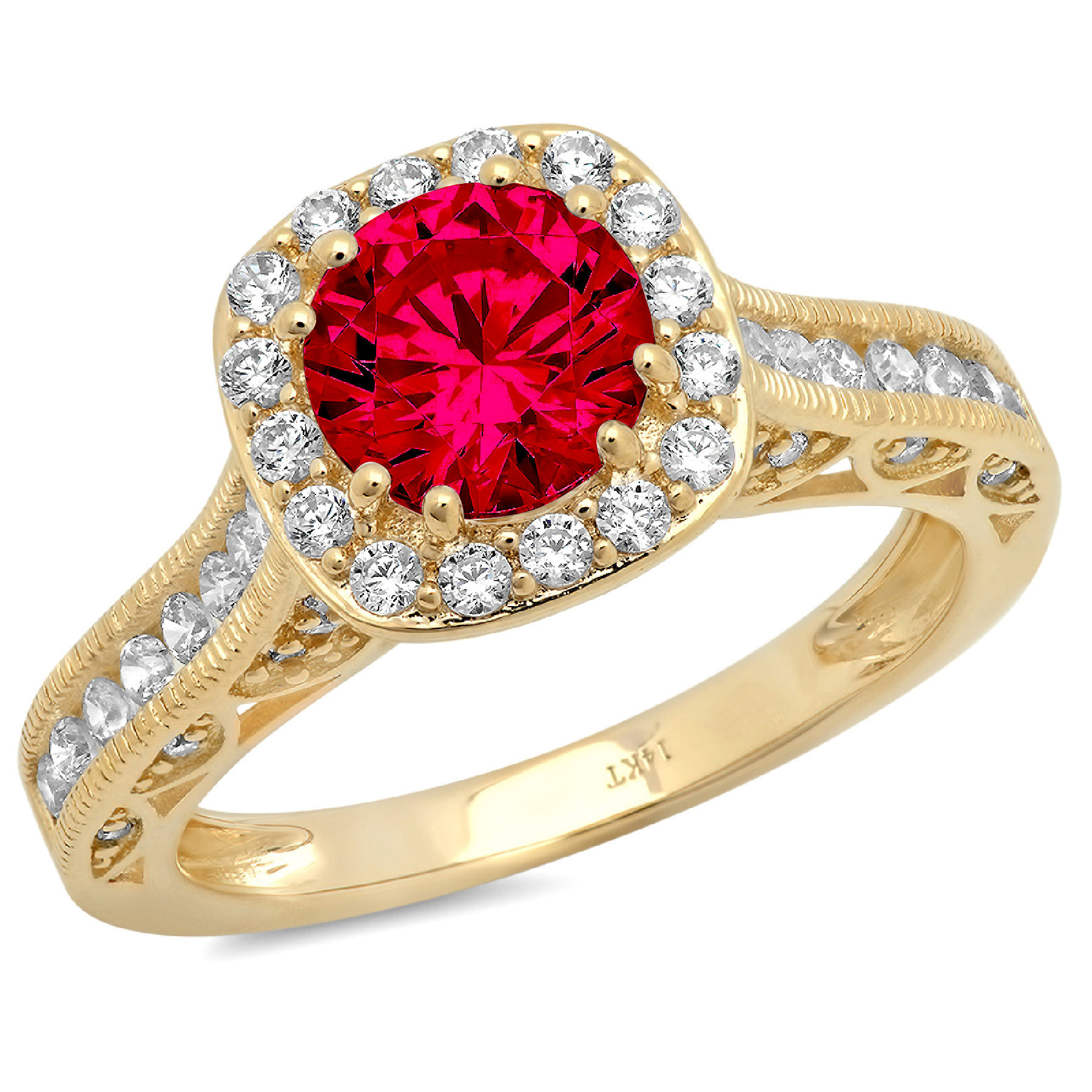 Pre-owned Pucci 1.95 Round Halo Simulated Ruby Classic Bridal Statement Ring 14k Yellow Gold In Red
