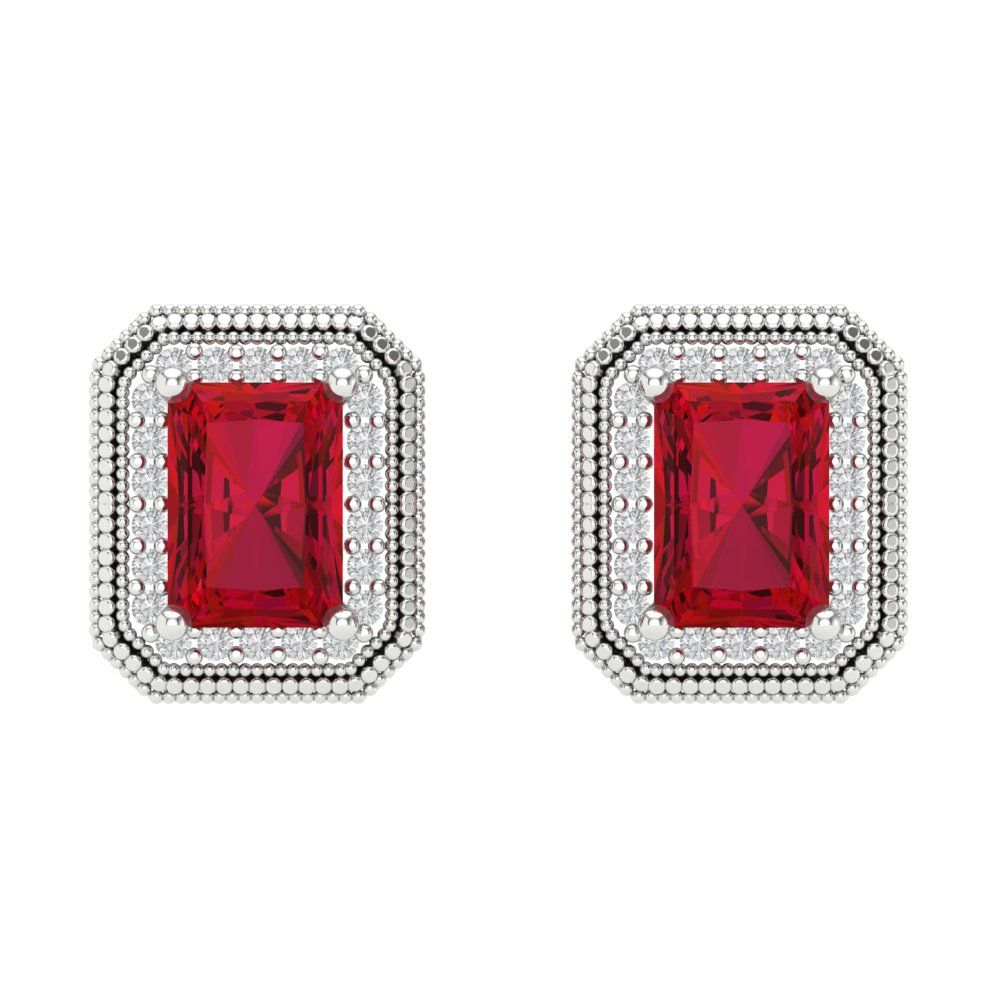 Pre-owned Pucci 3.98 Emerald Round Halo Classic Stud Simulated Ruby Earrings 14k White Gold In Red