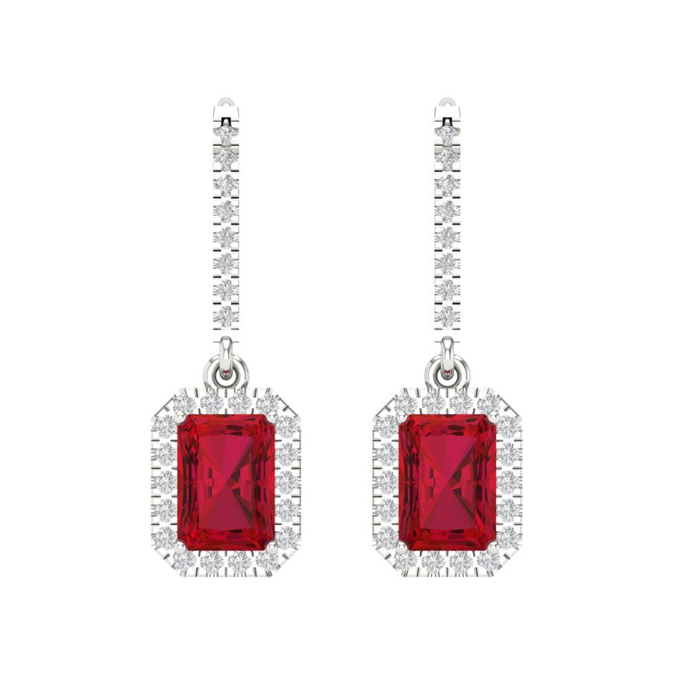 Pre-owned Pucci 3.57 Ct Emerald Round Halo Drop Dangle Simulated Ruby Earrings 14k White Gold In Red